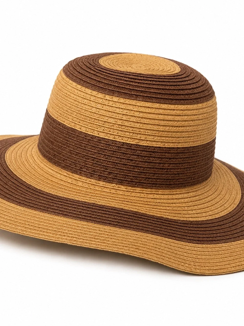Tan Brown Striped Straw Sun Hat Wide Brim Beach Vacation One Size
